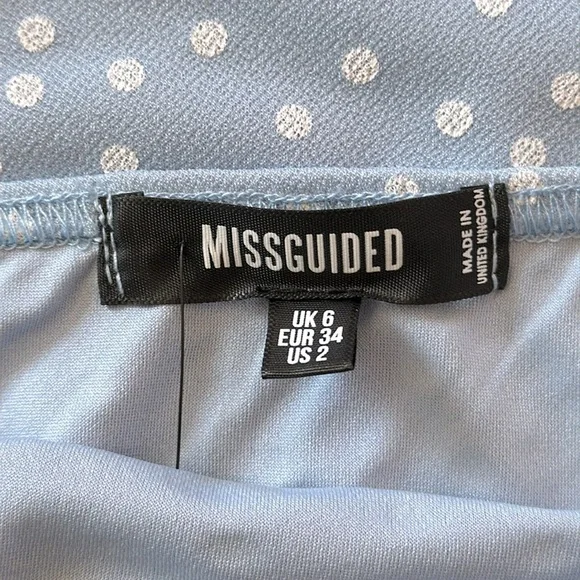 MISSGUIDED Asymmetrical Baby Blue/White Polka Dot Ruffle Hem Bandeau Mini Dress - Picture 7 of 10